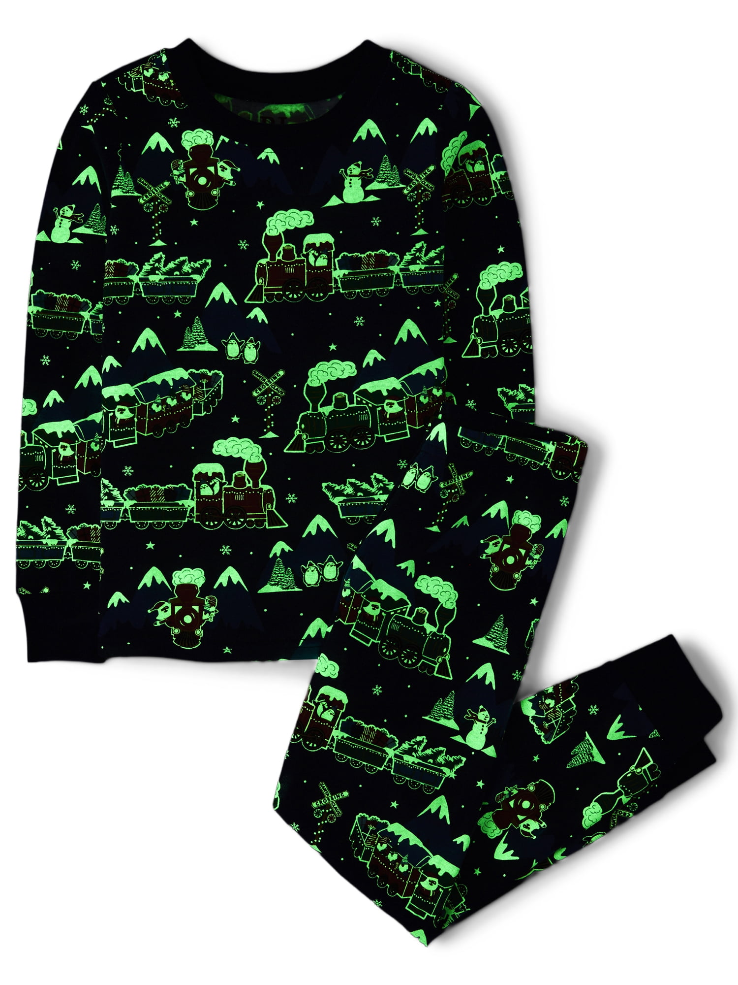 The Children's Place Kids Unisex Matching Sibling Glow-in-the-Dark Holiday Train Snug Fit Cotton Pajamas, Sizes 4-16