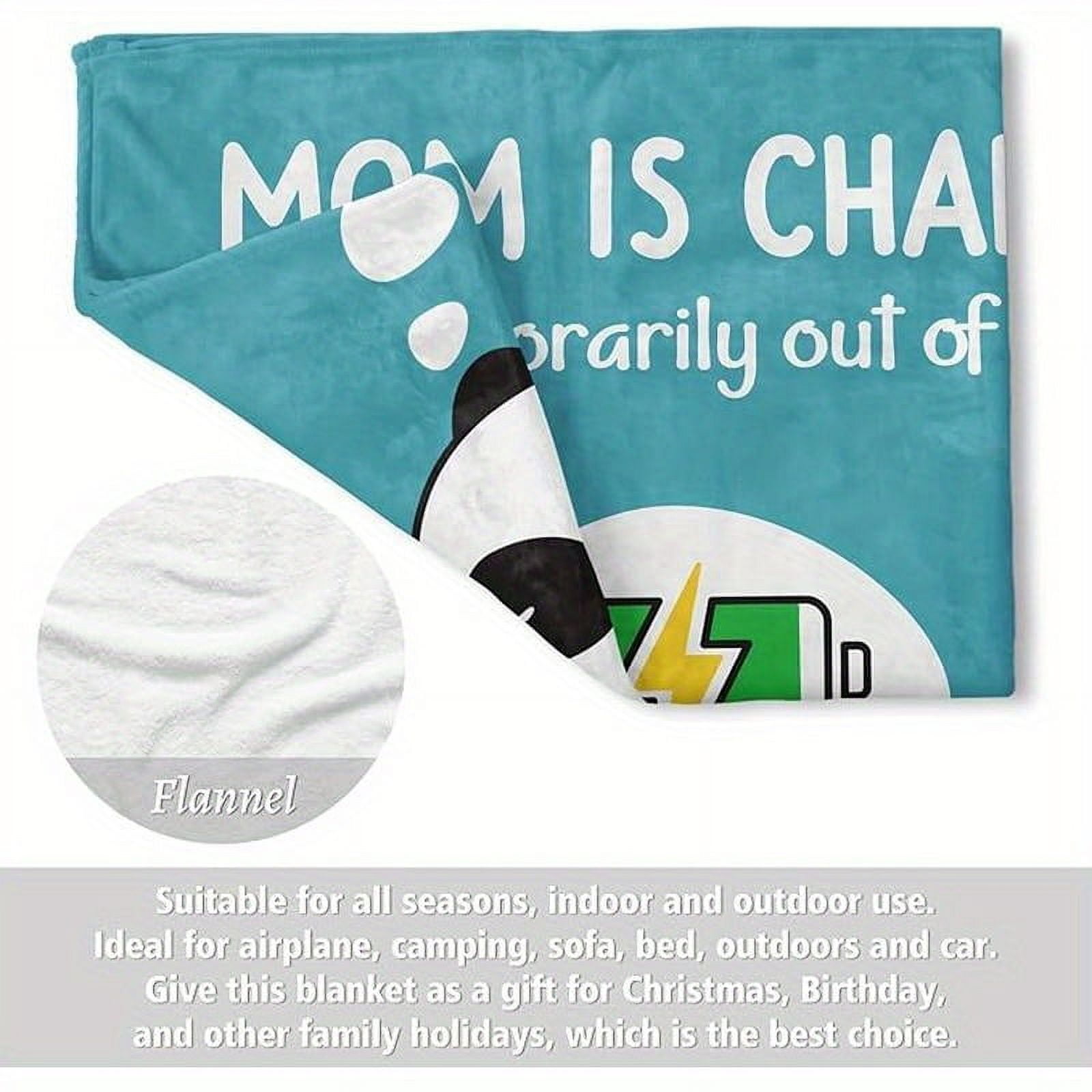 Ultra-Soft Micro Fleece 'Mom is Charging' Panda Blanket Funny & Heartwarming Gift for Mom Perfect for Birthday Naps Travel & Camping Light Blue with Playful Battery