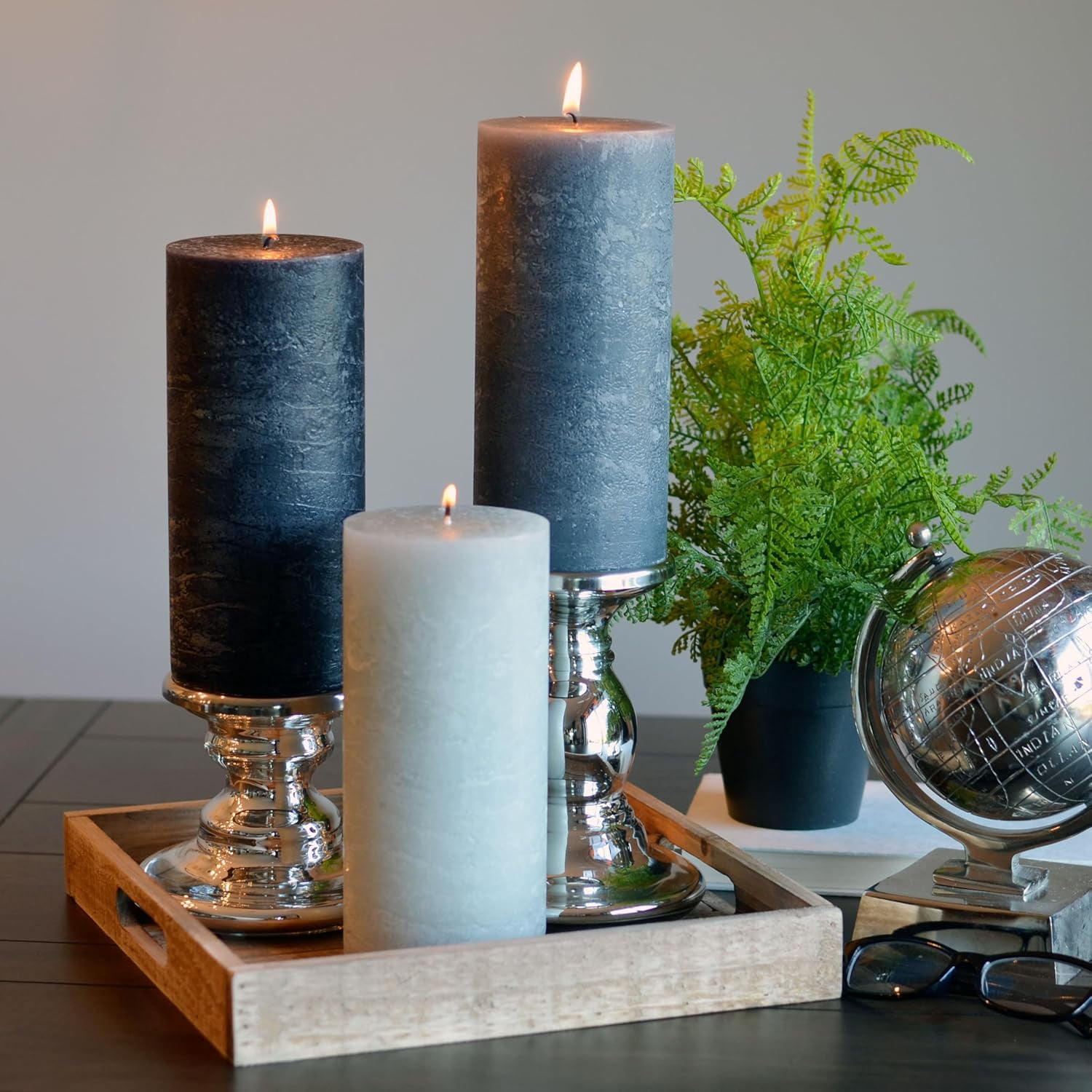 3 Piece Pillar Candle Set, Paraffin Wax, 145 Hours Burn Time, Cotton Wick, Shades of Marbled Pale, Medium and Dark Grey, Cotton Wicks, 7.75 Inches