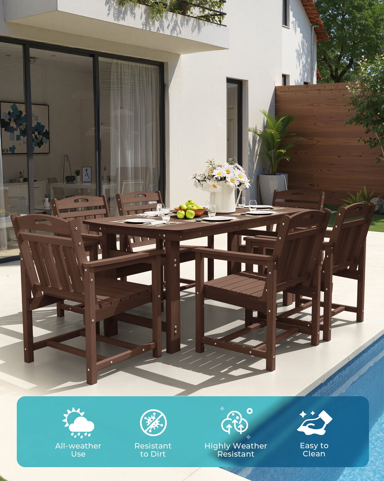 Harbweb 7pc HDPE Outdoor Dining Set, All-Weather Wood Grain Patio Furniture, Brown