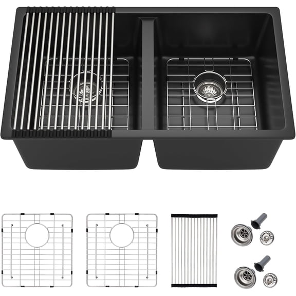33 Granite Composite Kitchen Sink Double Bowl - Fulorni 33"×19" Granite Kitchen Sink Black Undermount Double Bowl 50/50 Matte Black Quartz Classic Composite Under Counter Sink Basin
