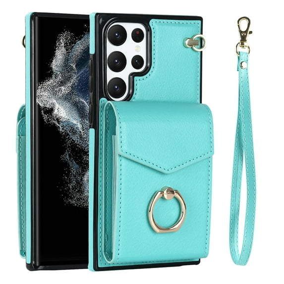 Jiahe Cover For Samsung Galaxy S22 Ultra Shockproof Hand Strap Ring Holder Wallet Card Slot Stand Case Cover,Mint