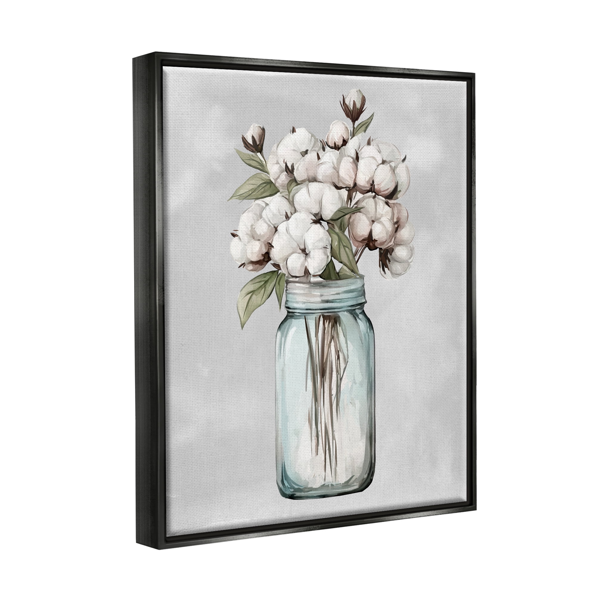 Stupell Industries Cotton Flower Sprigs Farmhouse Jar Botanical & Floral Painting Black Floater Framed Art Print Wall Art