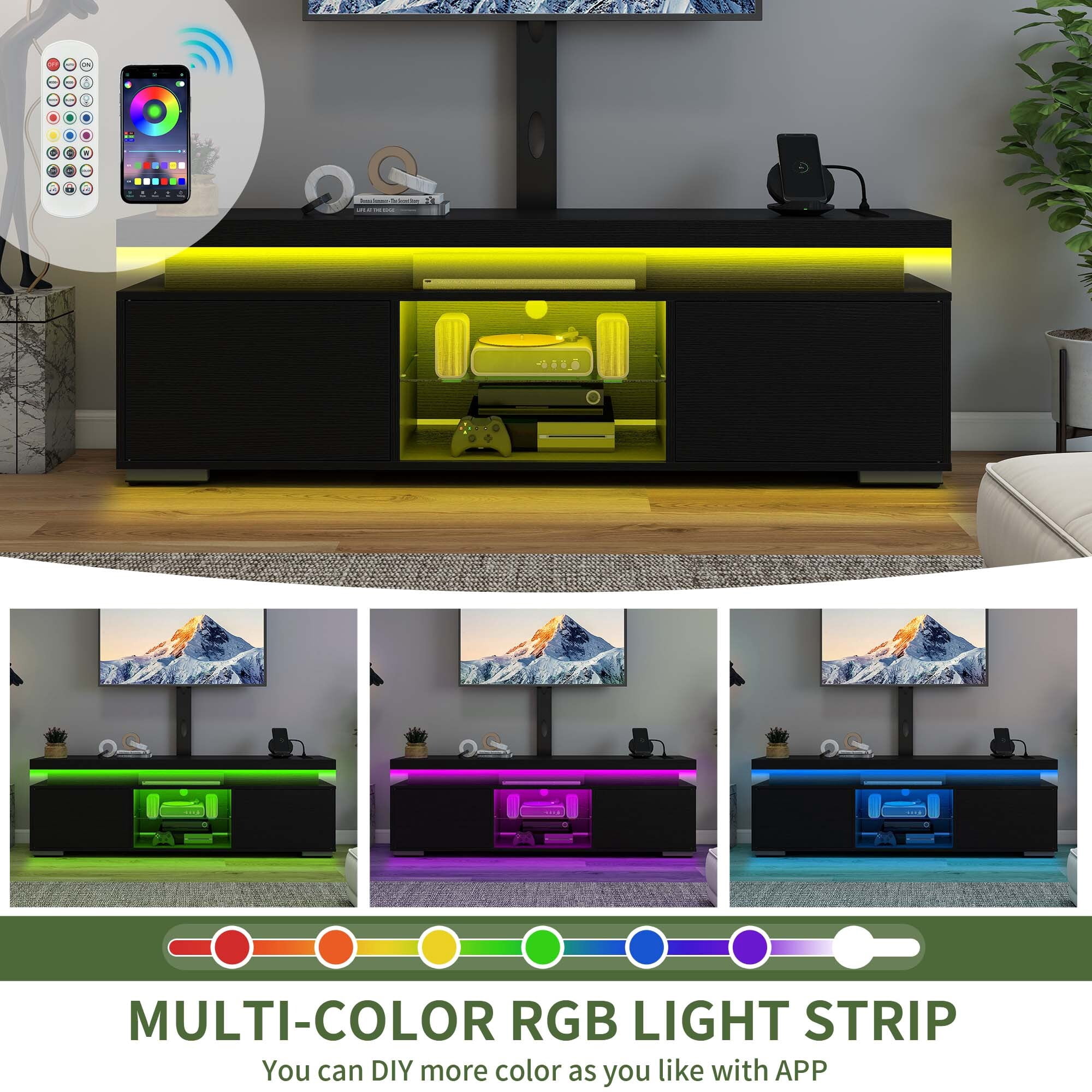 Uforic TV Stand with Mount & Power Outlet, for 55/60/65 inch TVs, Height Adjustable, Black