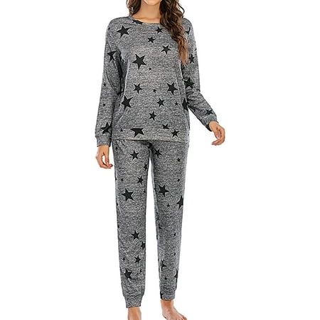 

PIKADINGNIS Women Star Pajama Set Long Sleeve Sleepwear Two-Piece Round Neck Nightwear Soft Comfy Pjs Indoor Wear