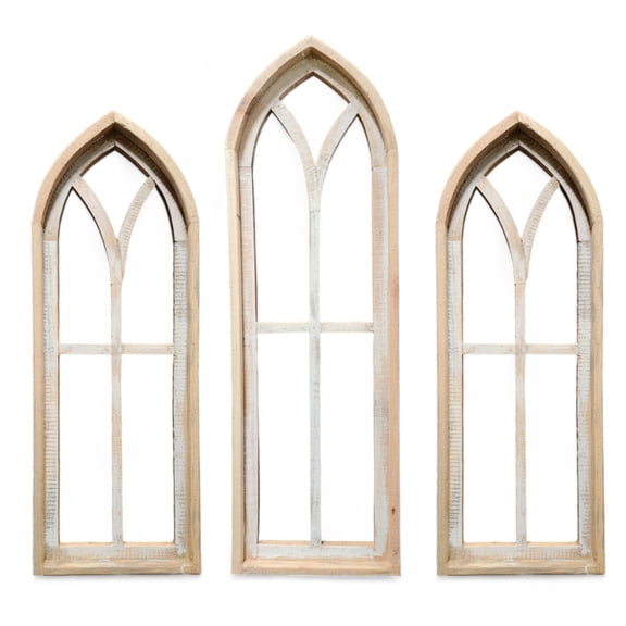 Ivory Point Cathedral Wood Window Collection - Set of 2 Medium Ivory Points   1 Large Ivory Point  Rustic Cathedral