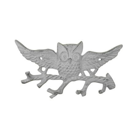 

[Pack Of 2] Whitewashed Cast Iron Flying Owl Landing on a Tree Branch Decorative Metal Wall Hooks 7.5