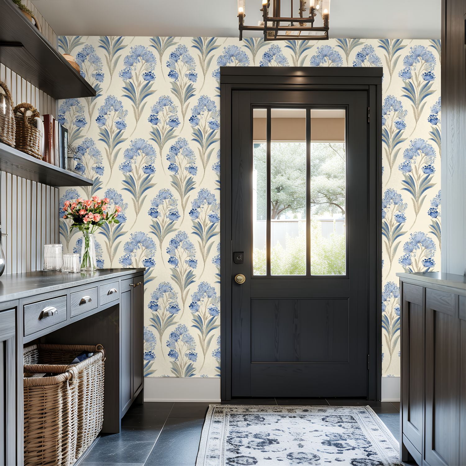 Peel and Stick Wallpaper Elegant Blue Floral Cream Wall Mural 17.7in x 9.8ft Self Adhesive Removable Wall Paper Renter Friendly Wallpaper for Bedroom Nursery Living Room