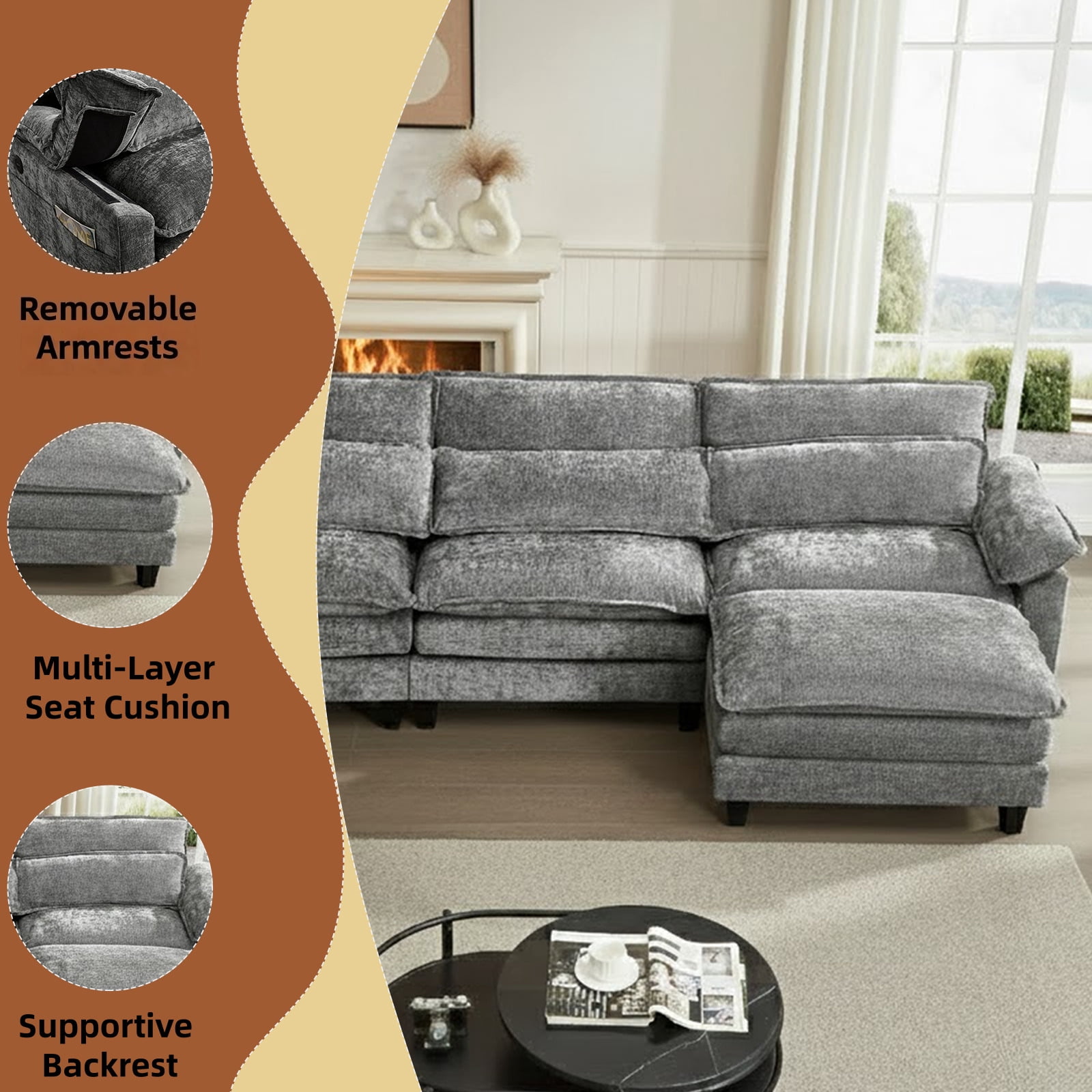 Aisword 113" Modular Sectional Sofa,L Shaped Modern Cloud Couch with Ottoman,3-Seat Chenille Deep Seat Sofa,USB Port,Grey