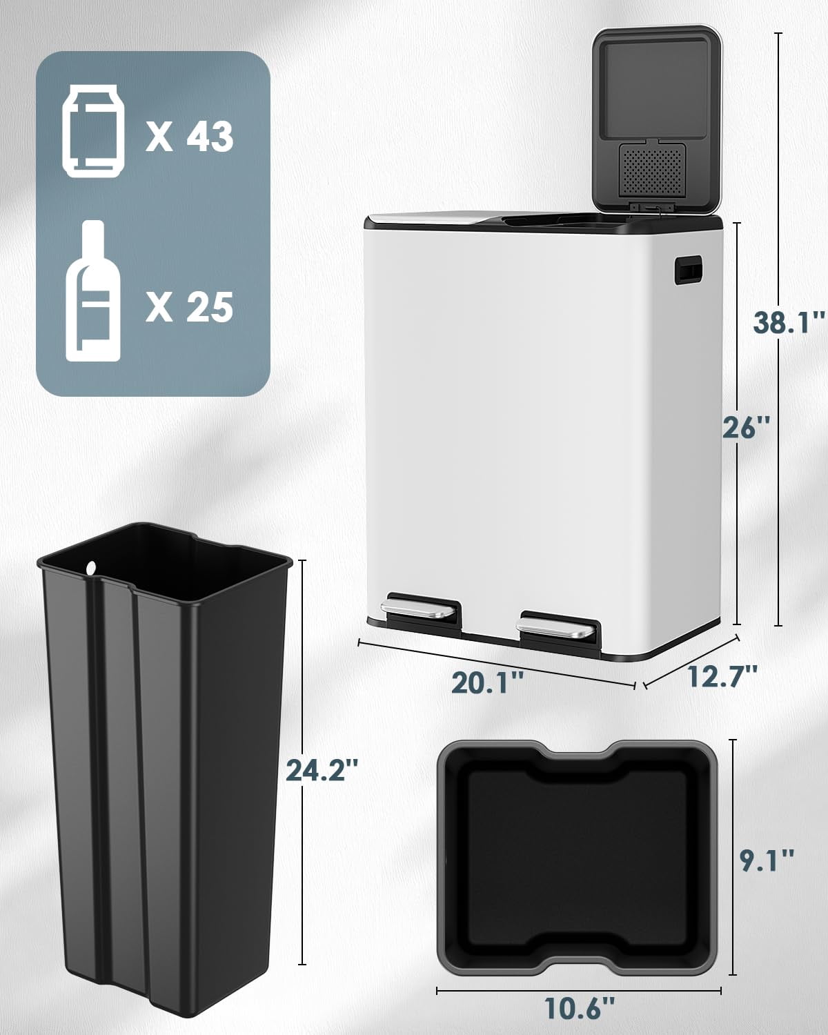 Pirecart Trash Can 16 Gallon Dual Step Garbage Can Stainless Steel Recycling Waste Dustbin with Built-in Filter Boxes, White