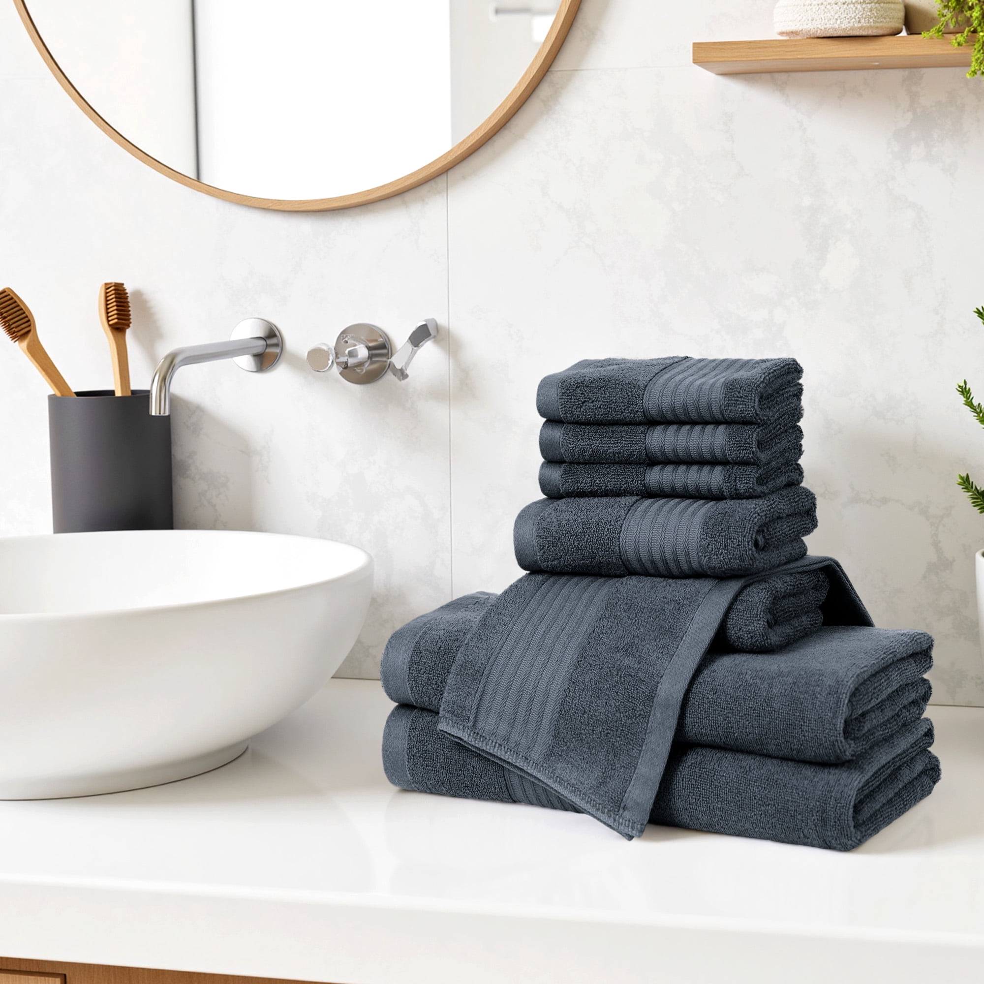 8 Piece Cotton Bath Towel Set, 2 Large Bath Towel, 2 Hand Towels & 4 Wash cloths For Gym, Spa and Bathroom, Dark Gray