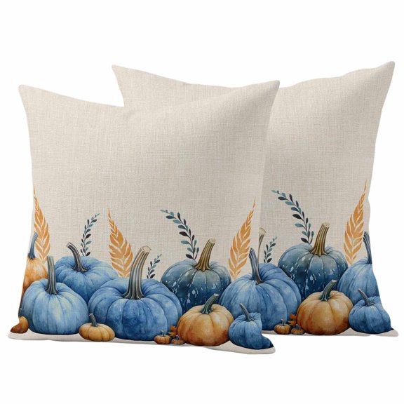 Blue Pumpkin Fall Outdoor Waterproof Pillow Covers, Thanksgiving Botanical Beige Decorative Square Throw Pillowcase Sofa Cushion Sham for Patio/Couch/Chair, 18"x18" 2 Pack