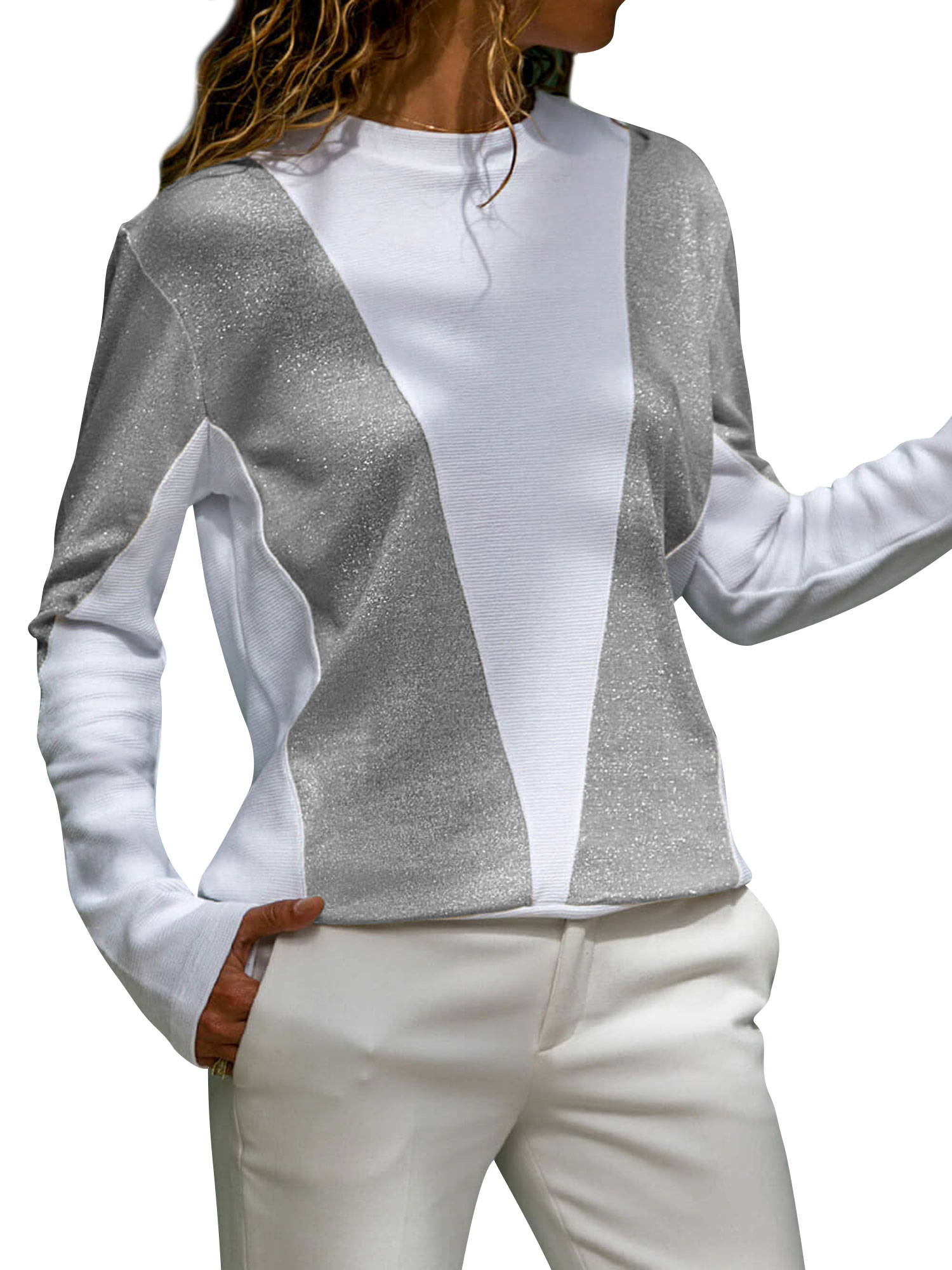Women's Crew Neck Long Sleeve V Shape Colorblock Top
