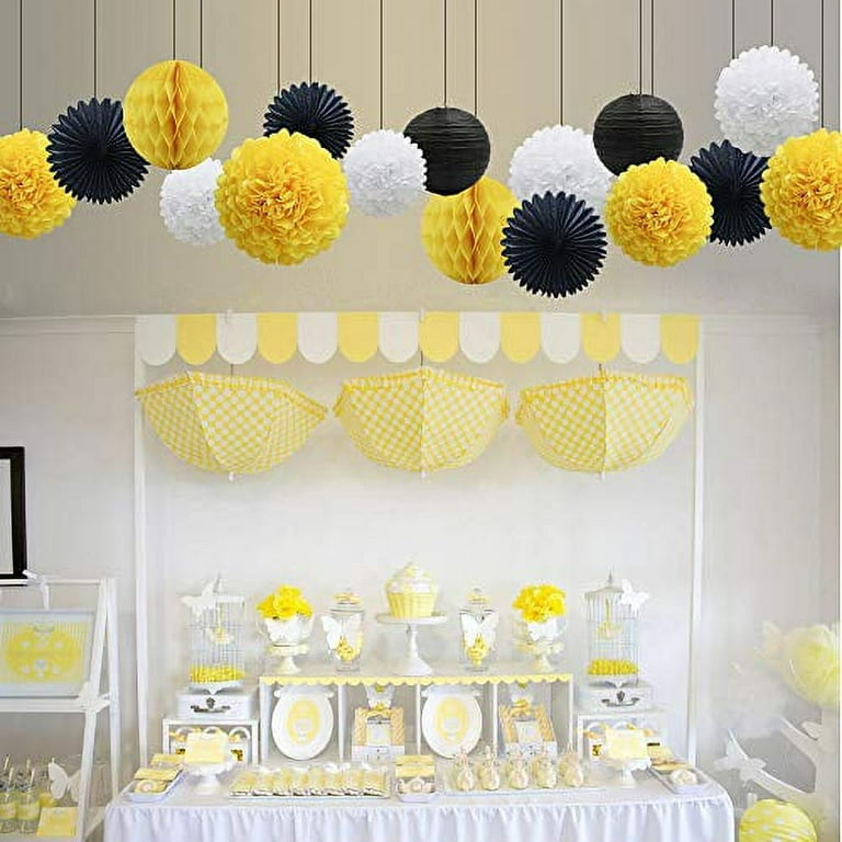 HappyField Honey and Bee Baby Shower Decorations Yellow Cream Black Tissue  Paper Pom Poms Flower Paper Lanterns for Honey Bee