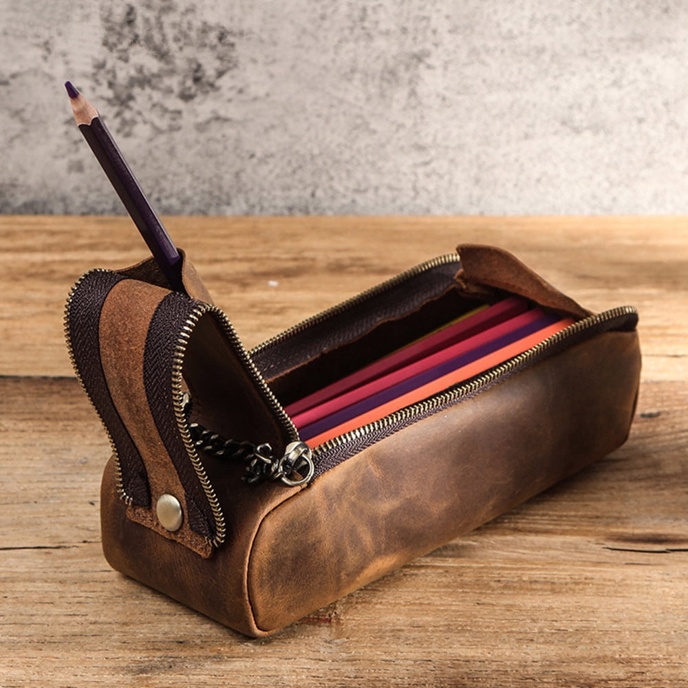 Leather Pen Pencil Case, Zip Pouch, Zippered Pen Case for Work & Office Stationery Storage Box
