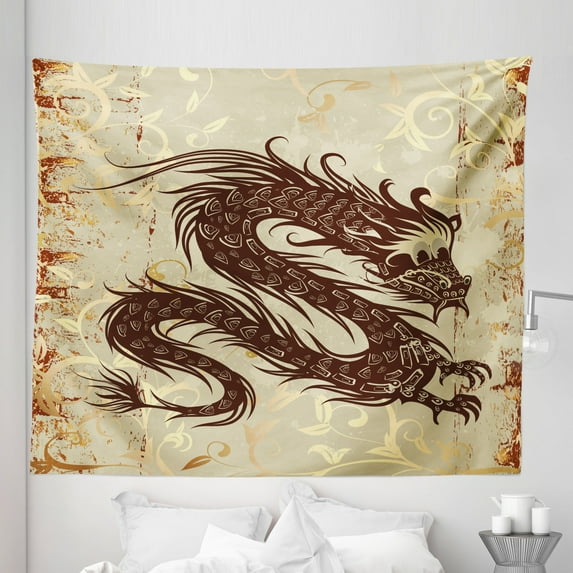 Dragon Tapestry, Antique Paper Style Grunge Backdrop with Old, Fabric Wall Hanging Decor for Bedroom Living Room Dorm, 5 Sizes, Brown Yellow Beige, by Ambesonne