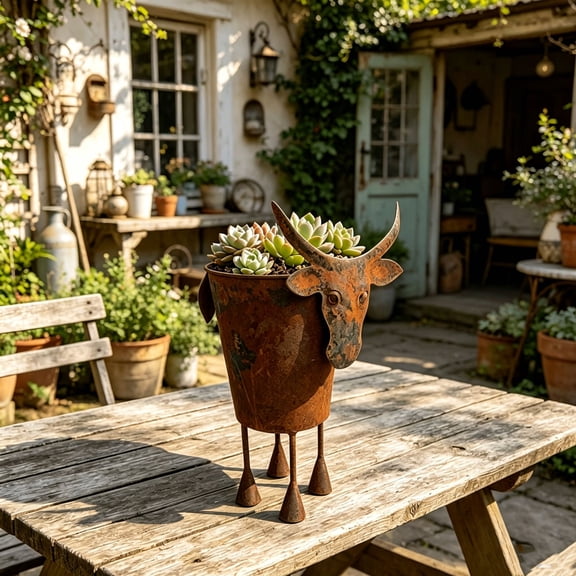 Iron Cow Head Planter, 10.6-inch Rustic Metal Succulent Flower Pot for Western Garden, Desk and Home Decor