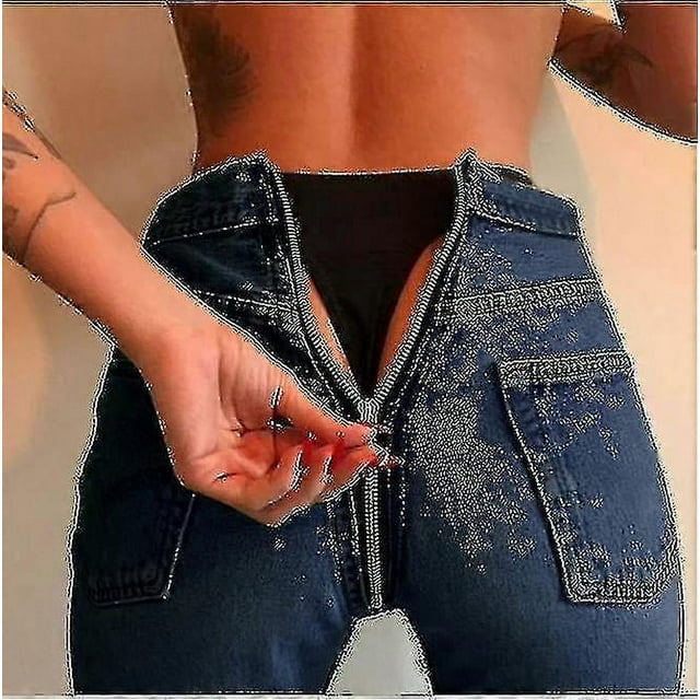 Womens Denim Zip Open Back Distressed High Waist Skinny Jeans Trousers Pants-DF