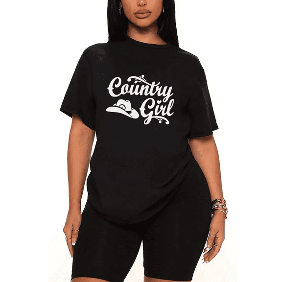 Womens 2 Piece Oversized Lounge Outfit Casual Summer Sets Country Girl Graphic Cowgirl Vintage Printed Crew Neck T-Shirt and Shorts Matching Clothing Sets-Black-4XL