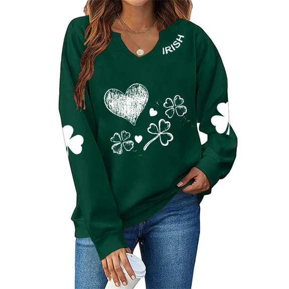 XIAOCHA Women's V Neck Sweatshirt Heart Shamrock Vintage Print Long Sleeve Holiday Pullover Top, Green, Sizes XXXXL
