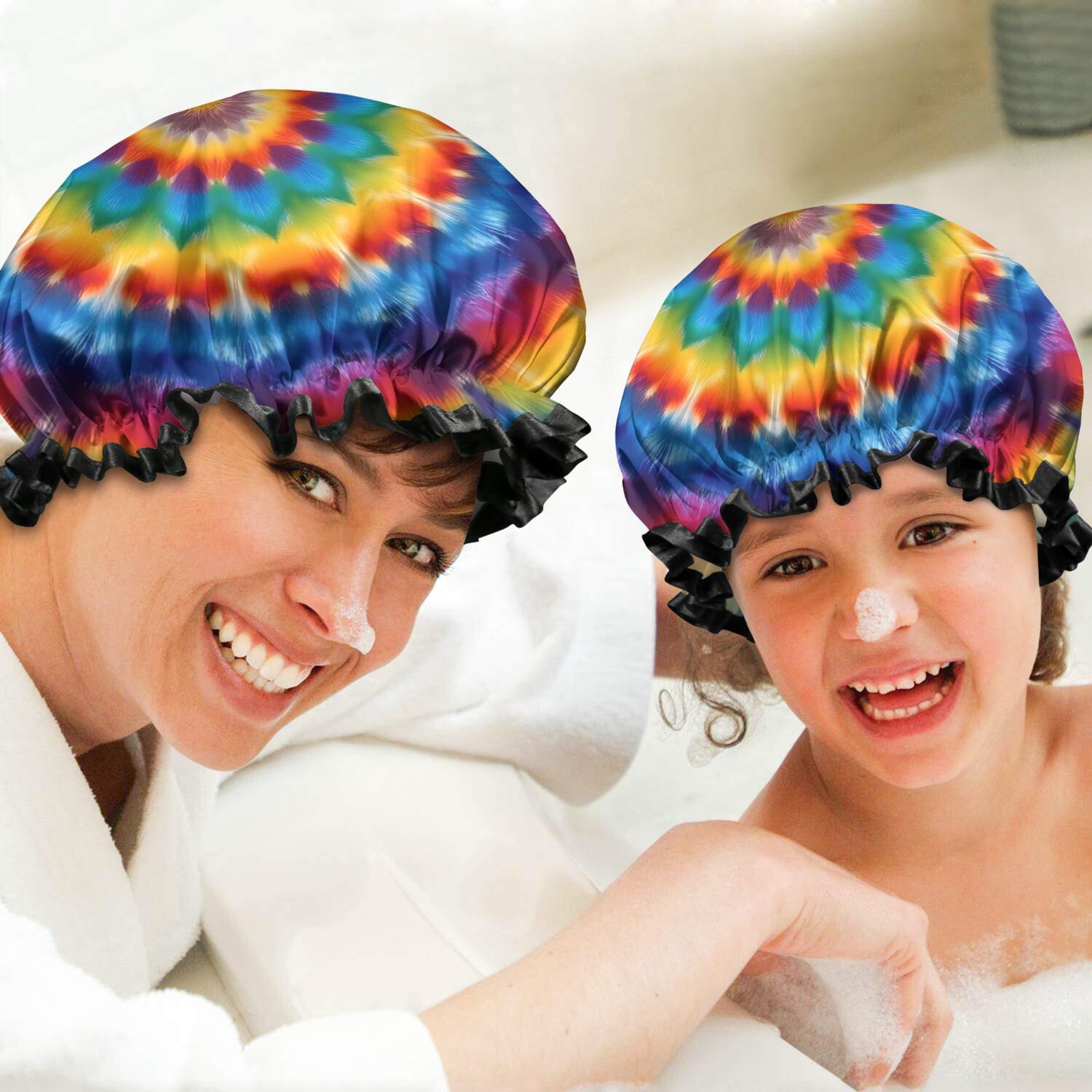 Shower Caps,Colorful Tie Dye Floral Mandala Waterproof Shower Cap for Women 4 Pieces,Double Reusable Hair Cover for Shower PEVA Elastic Stretch Hem