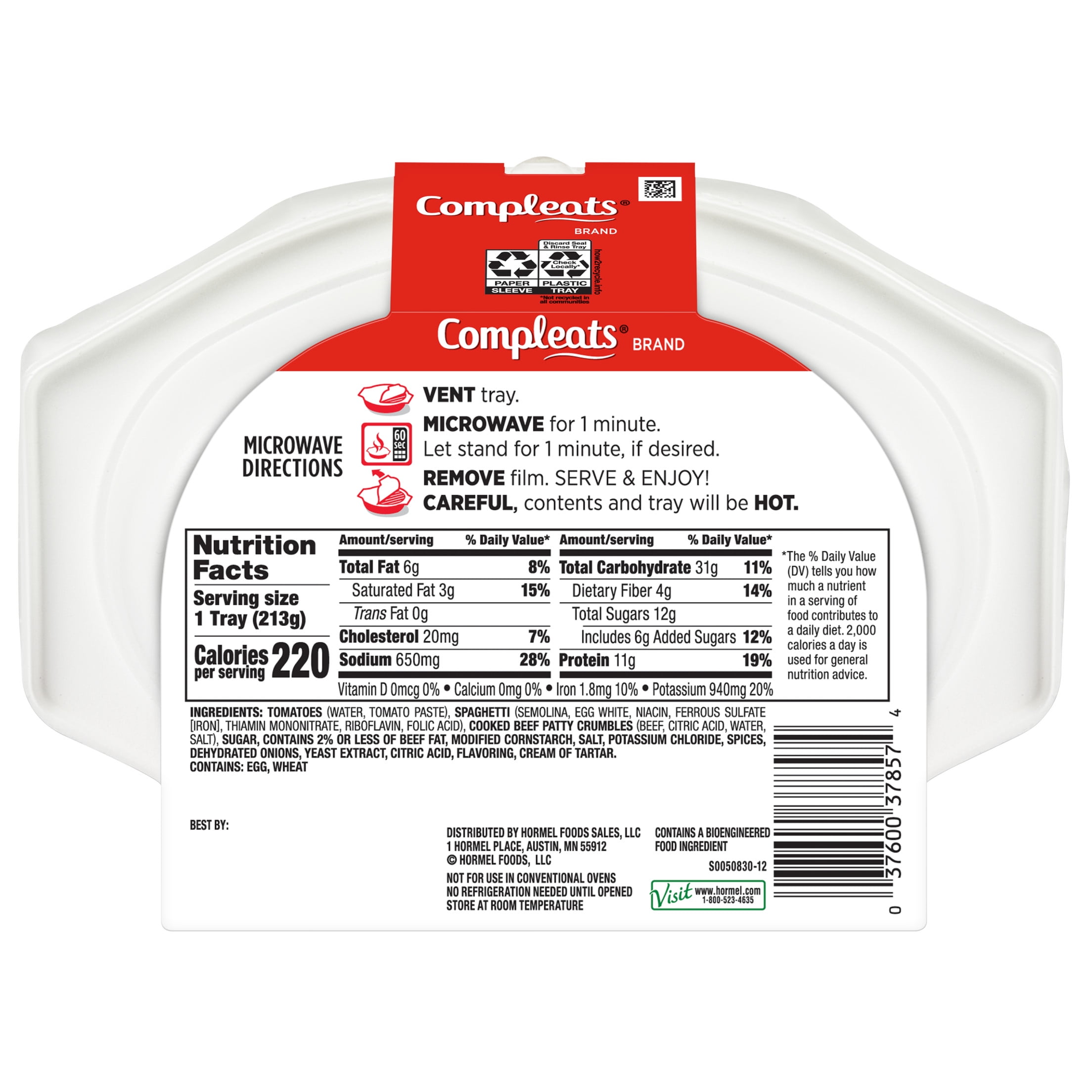 (7 pack) HORMEL COMPLEATS Spaghetti & Meat Sauce, Shelf-Stable, 11 grams Protein, 7.5 oz Plastic Microwaveable Tray