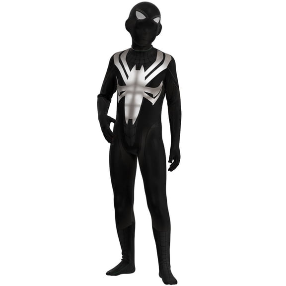 Fun Boys Black Spider Hero Costume with Mask and Silver Emblem, Comfortable Dark Bodysuit for Halloween Trick or Treat and Birthday Party, Black, 190