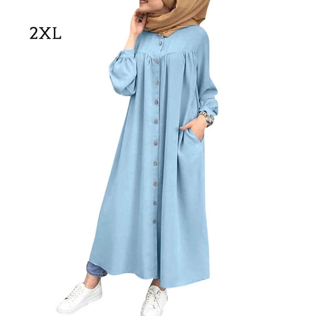 Vestido camisero Mujer Manga larga Bolsillo con botones Vestido de color sólido, Azul claro, XXL Kearding AP001453-29B