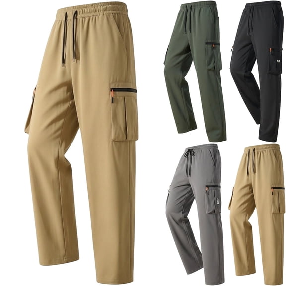 Men's Outdoor Cargo Pants Lightweight Quick Dry Utility Pants Loose Fit Straight Leg Elastic Waist with Zipper Pockets for Work Hiking, Khaki, XS