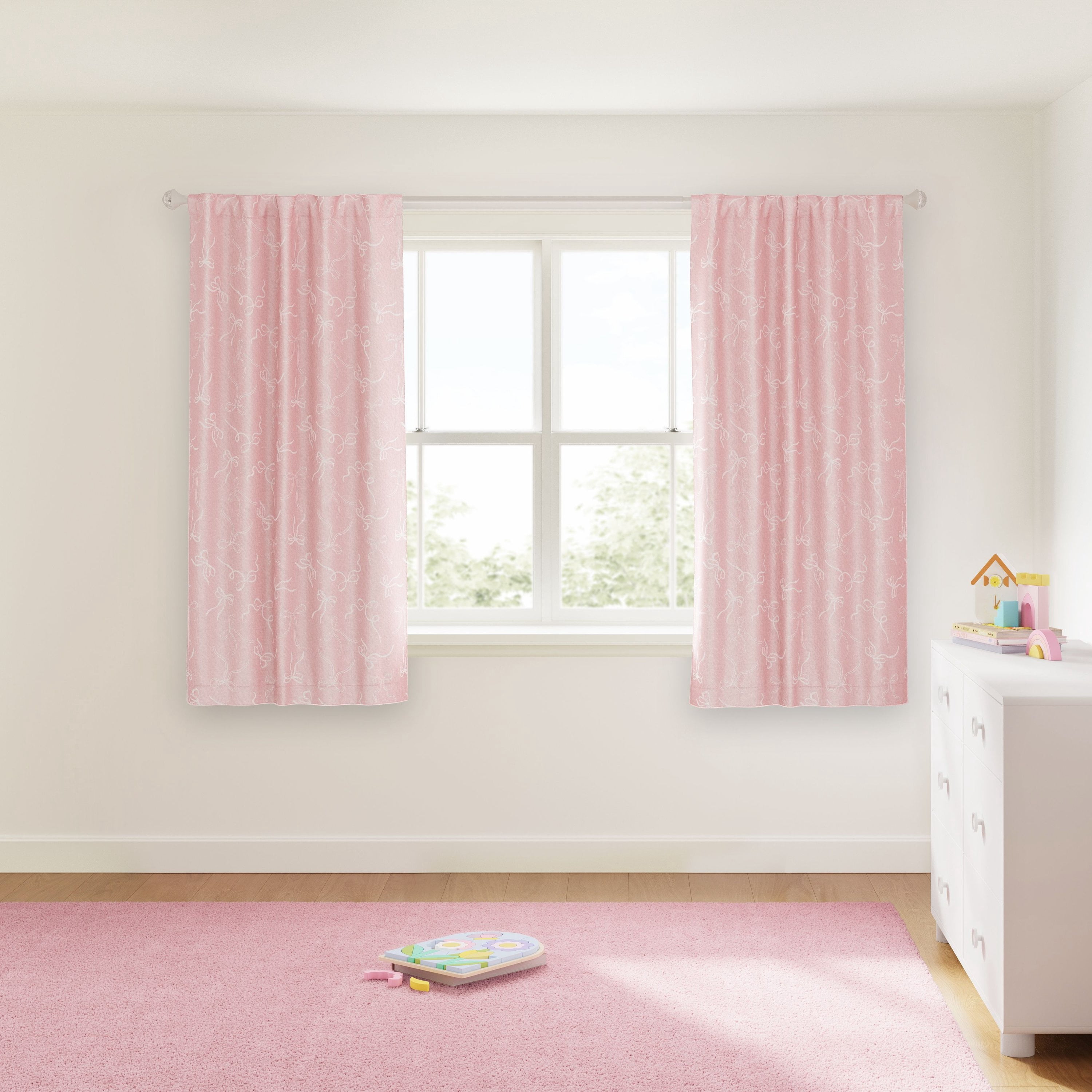 Mainstays Kids Pink Ribbons Sheer Overlay Blackout Rod Pocket with Back Tabs Single Curtain Panel, 38" W x 63" L