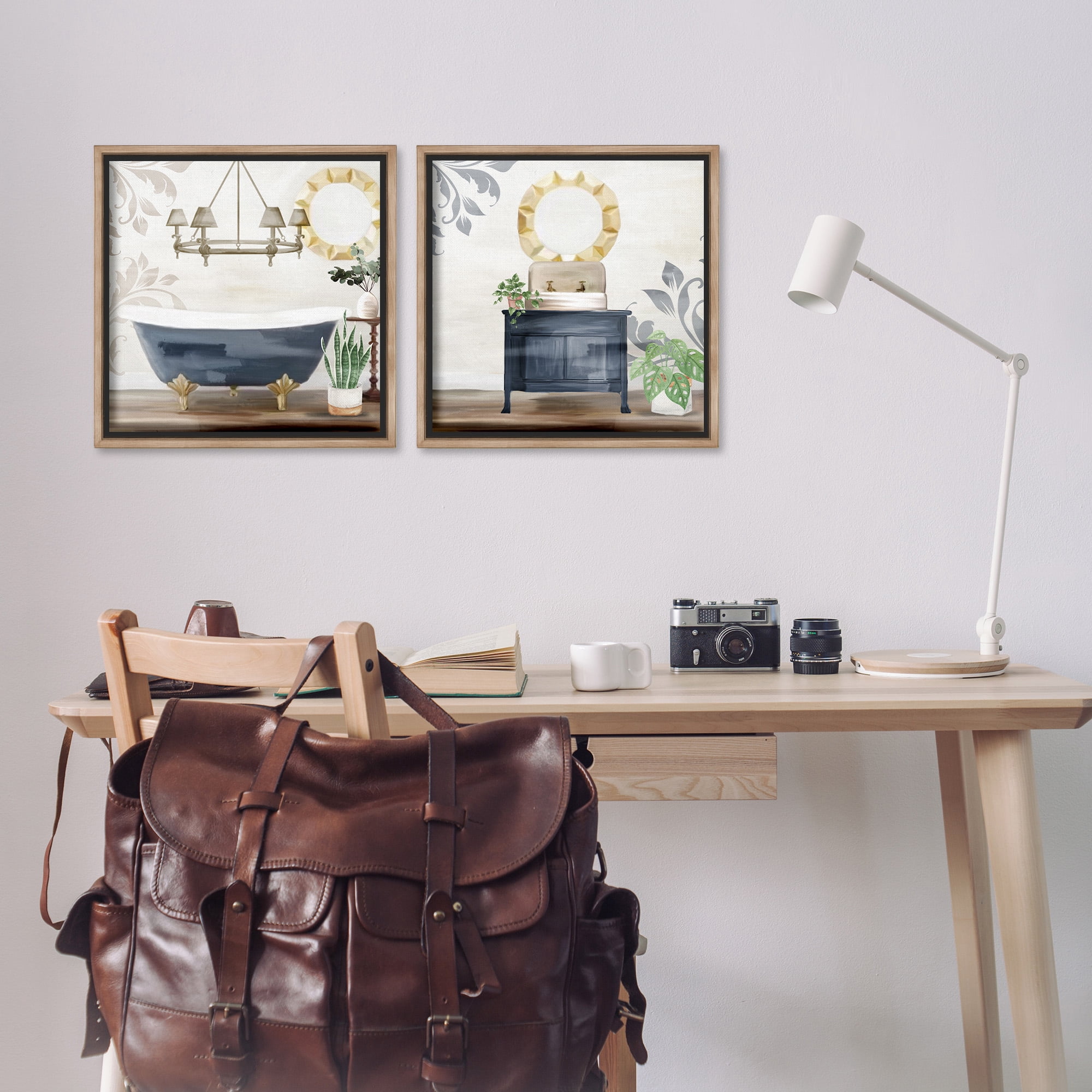 Stupell Industries Chic Bathroom Interior Still Life Abstract Painting Brown Floater Framed Canvas Art Print Wall Art, 18 x 18, Set of 2