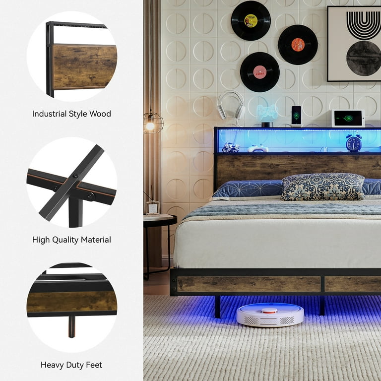 Sailvan Full Size Bed Frame with LED Lights & USB Charging, Brown photo 8
