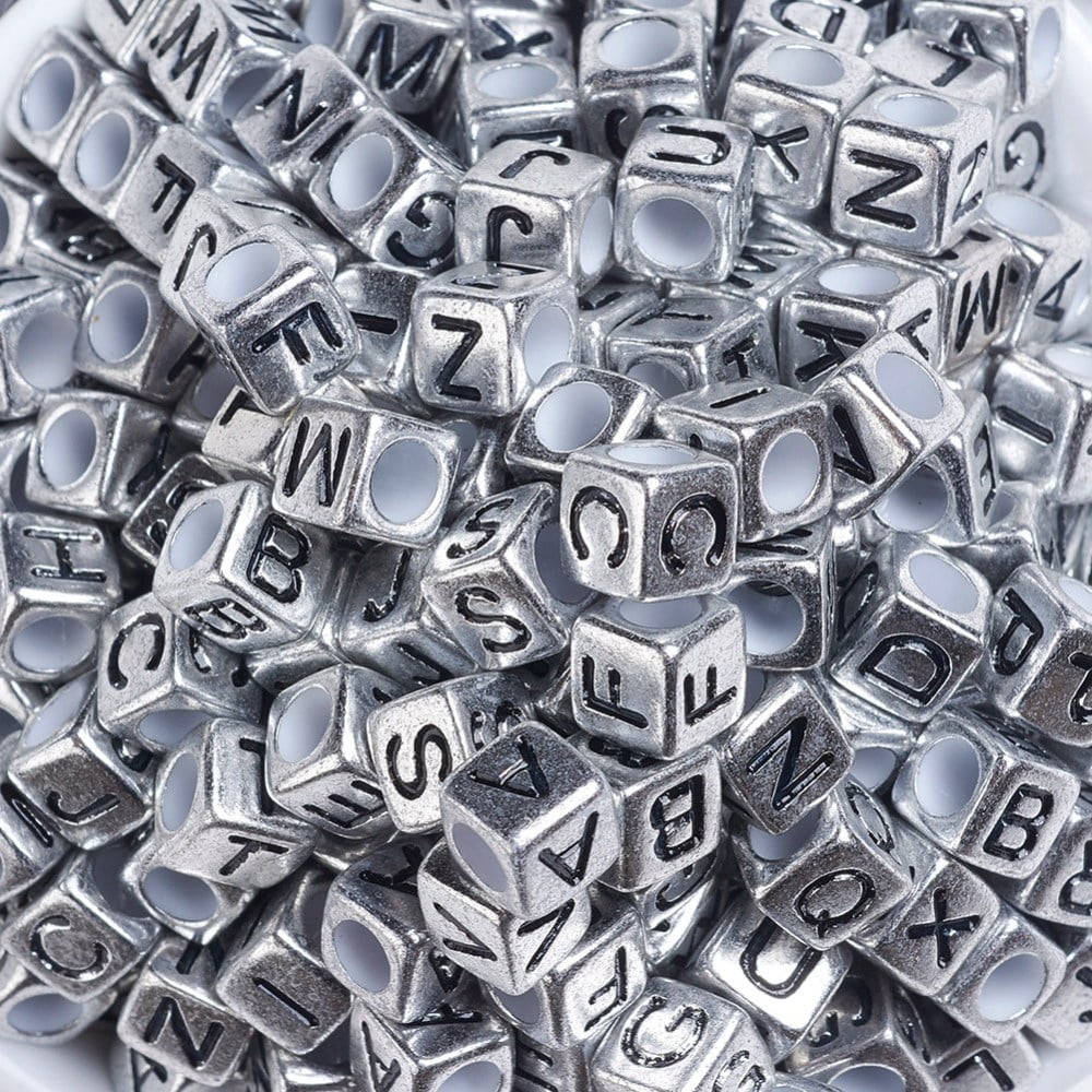 500 g Silver Plated Large Hole Acrylic European Beads Horizontal Hole Cube with Letter Random Mixed Letters 6x6x6mm Hole: 4mm about