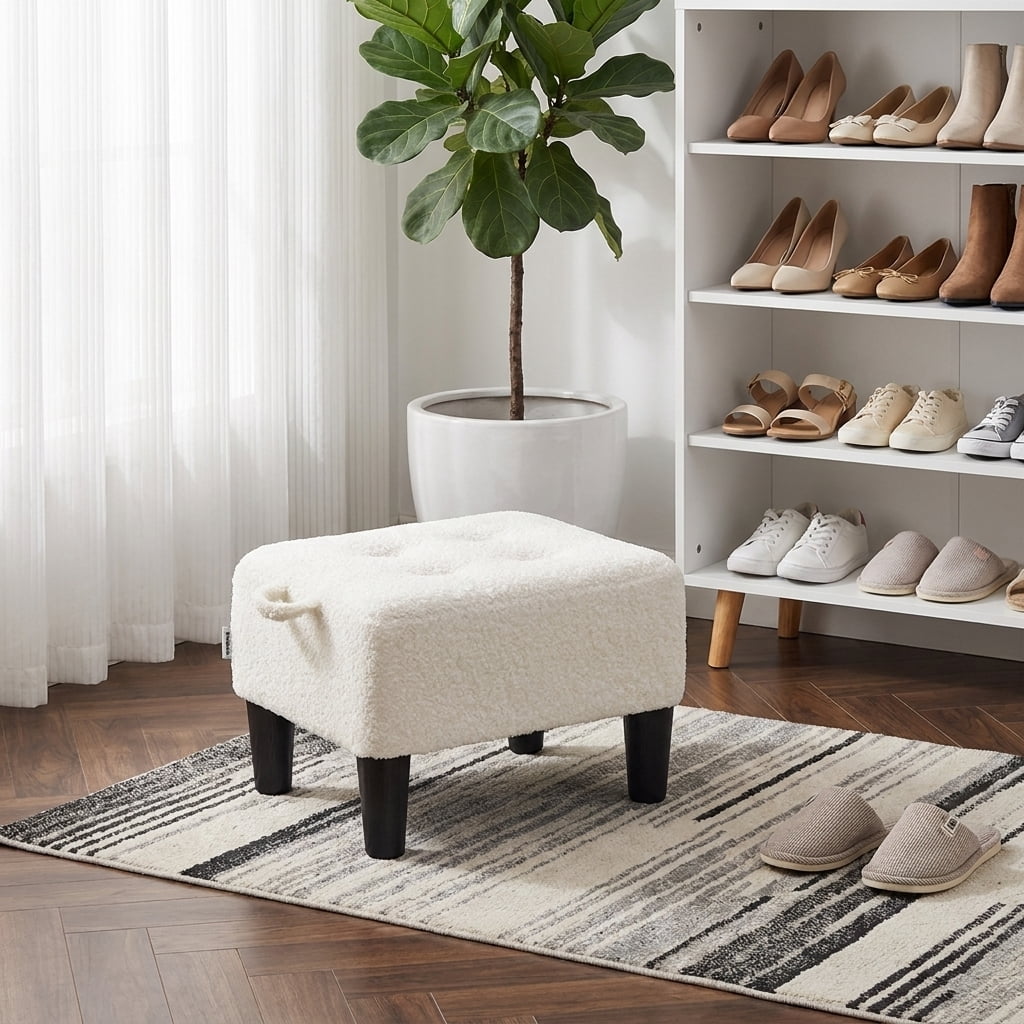 Ledrem Small Ottoman Foot Stool with Thick Cushion and Sturdy Angled Legs, White