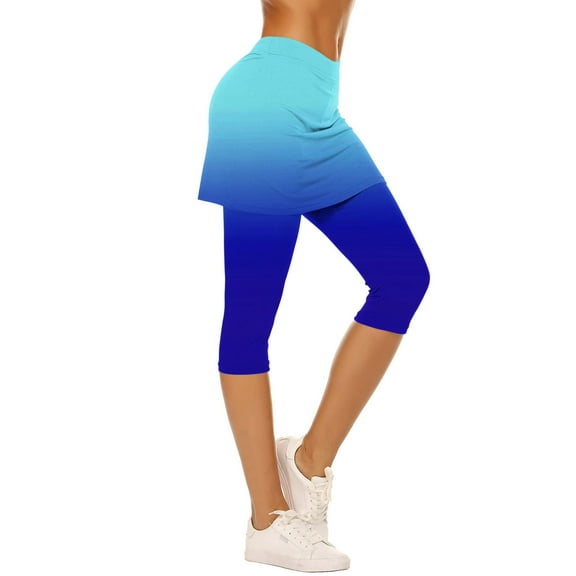 Wyobmus Women Skirted Leggings Comfy High Elastic Waisted Gradient Yoga Leggings Tennis Skorts Capris Gym Yoga Legging With Mini Skirt A-Blue