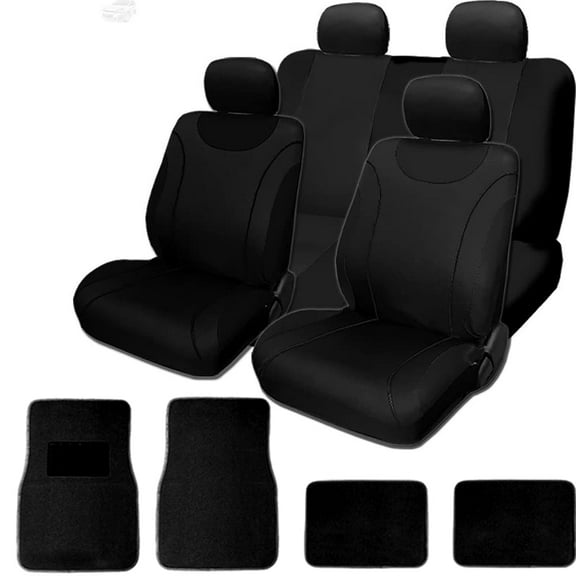 Yupbizauto Universal Size Flat Cloth Car Seat Covers Set with Carpet Floor Mats Full Set (Black/Black)