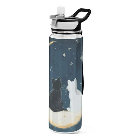 

Cats on Moon Looking Starry Night Transparent Sports Water Bottle with Straw BPA Free Tritan 32oz for Gym Camping