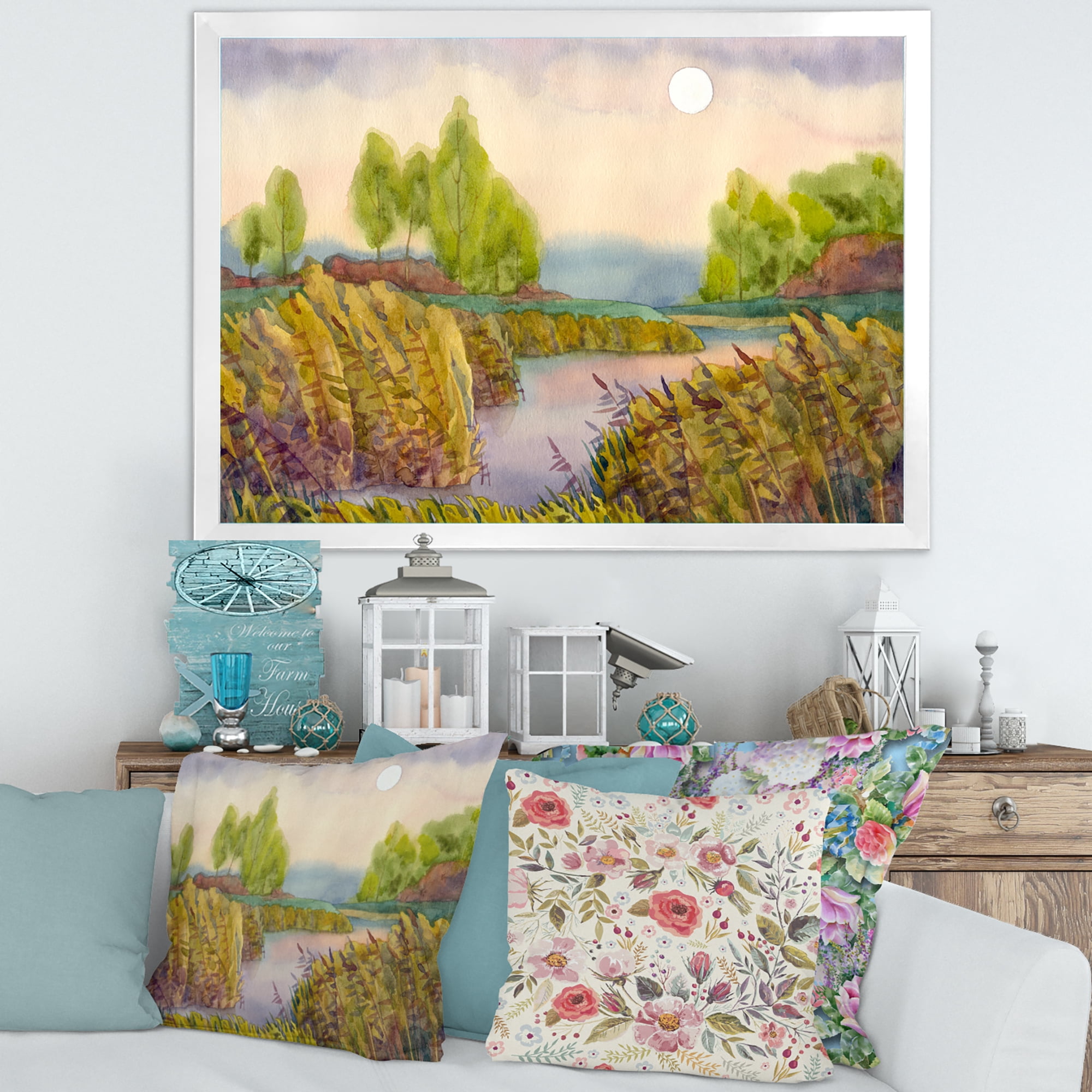 Designart 'Lake In The Reeds With Full Moon' Nautical & Coastal Framed Art Print