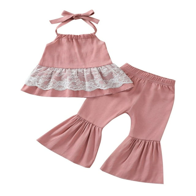 2022 2Pcs Little Girls Outfit Sweet Style Lace Splicing Sleeveless Hanging Neck Tops + Solid Color Long Bell-bottomed Pants Set