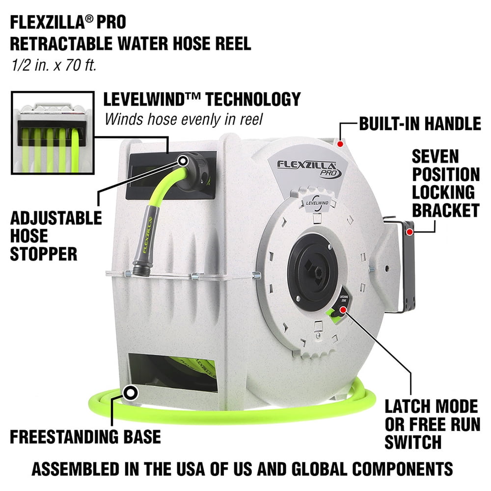 Flexzilla® Pro Retractable Water Hose Reel, 1/2" x 70', Flexible Hybrid Polymer, ZillaGreen™