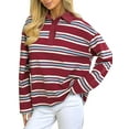 thumbnail image 3 of Oversized Striped Long Sleeve Rugby Shirts Women- V Neck Y2k Preppy Pullover Top Wine Red L, 3 of 10