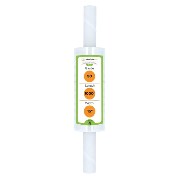 PSBM Stretch Wrap with Extended Core Handles 15 Inch x 1000 Feet 4 Rolls 90 Gauge Clear Plastic Cast Hand Shrink Film for packaging
