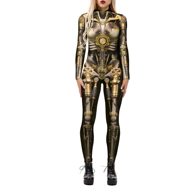 TheFound Justaucorps Squelette d'Halloween pour Femmes à Manches Longues, Pantalon, Col Roulé