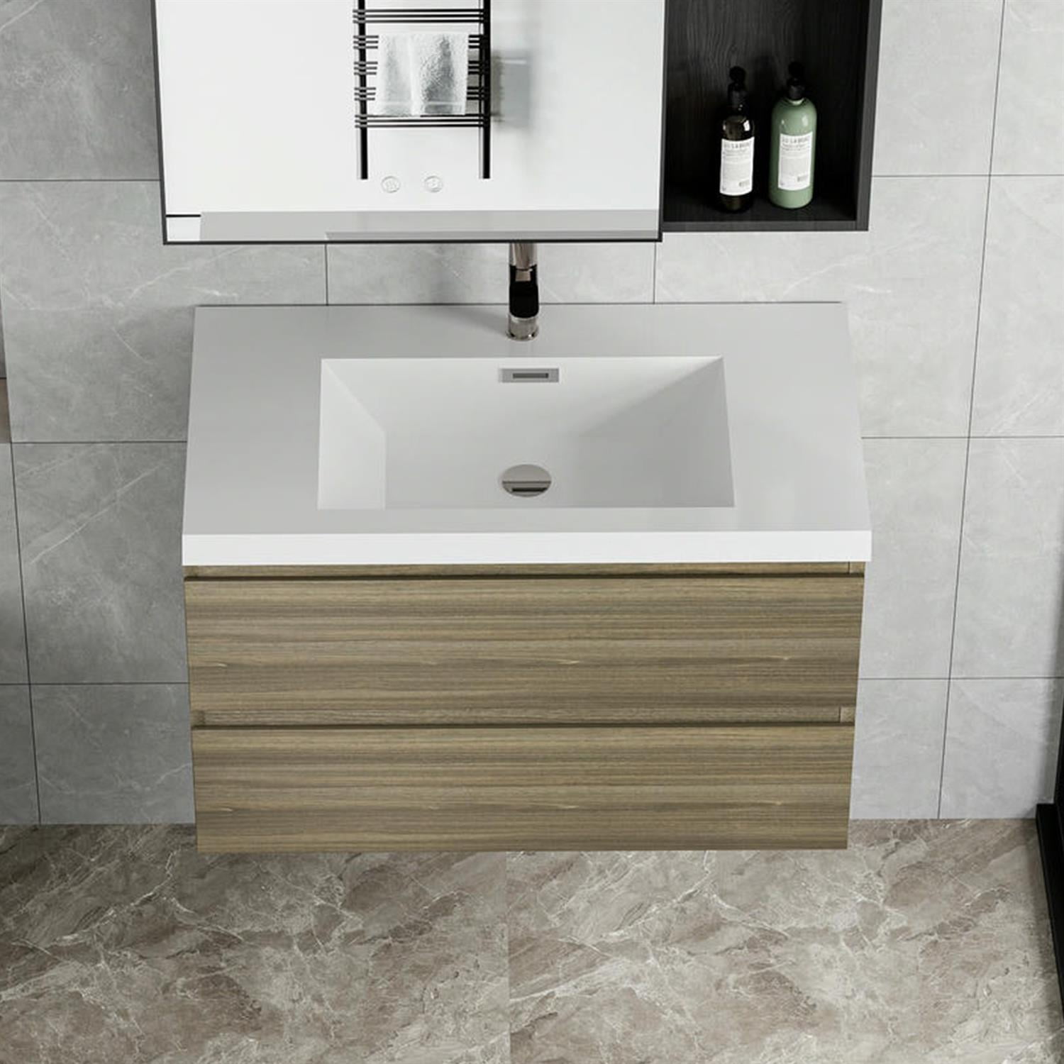 Demi Bonn 36" Floating Bathroom Vanity with Sink, Resin Top Basin and 2 Soft Close Drawers, Faucets and Drains Not Included, Gray