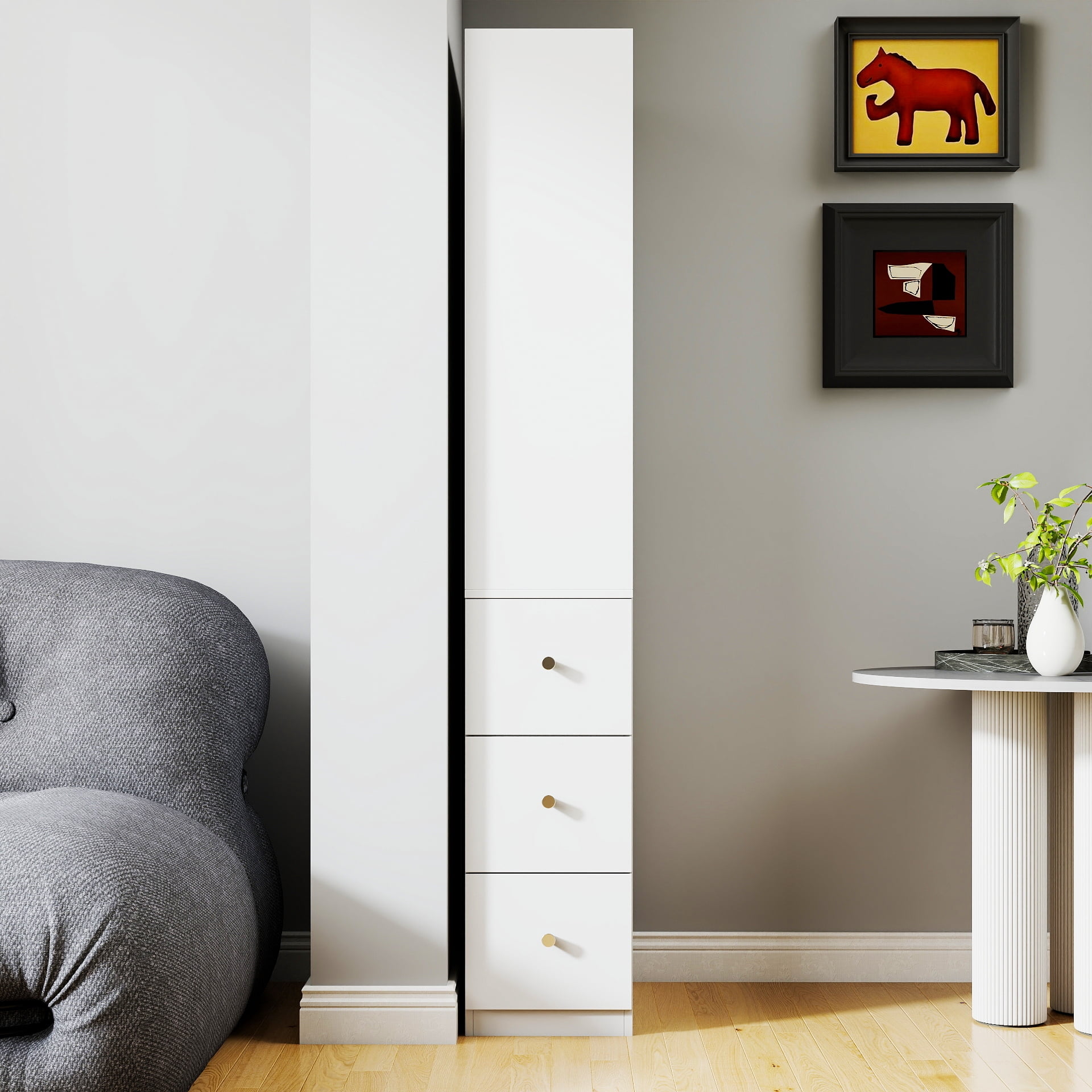Tall Display Storage Cabinet 4-Tier Shelf 3 Side Drawers Bookcase for Living Room, White