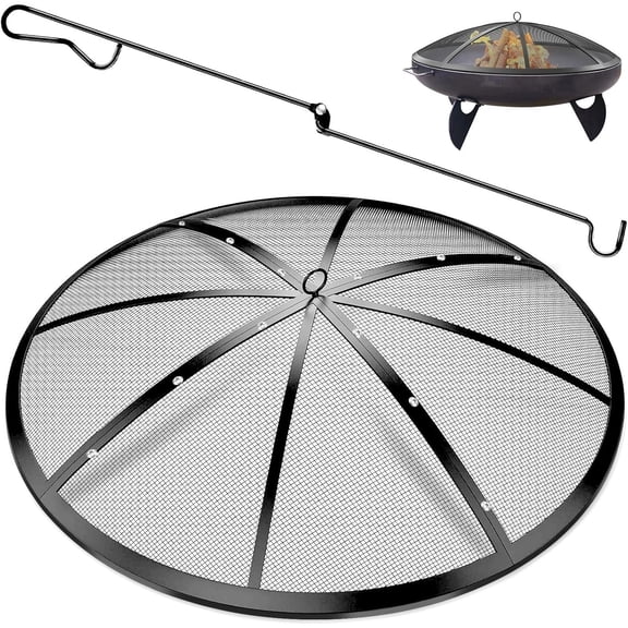 Fire Pit Spark Screen, 24Inch Fire Pit Lid Outdoor with Handle & Poker, Heavy-Duty Mesh Firepit Cove with 12 Reinforced Bars for Backyard/Beach/RV Camping
