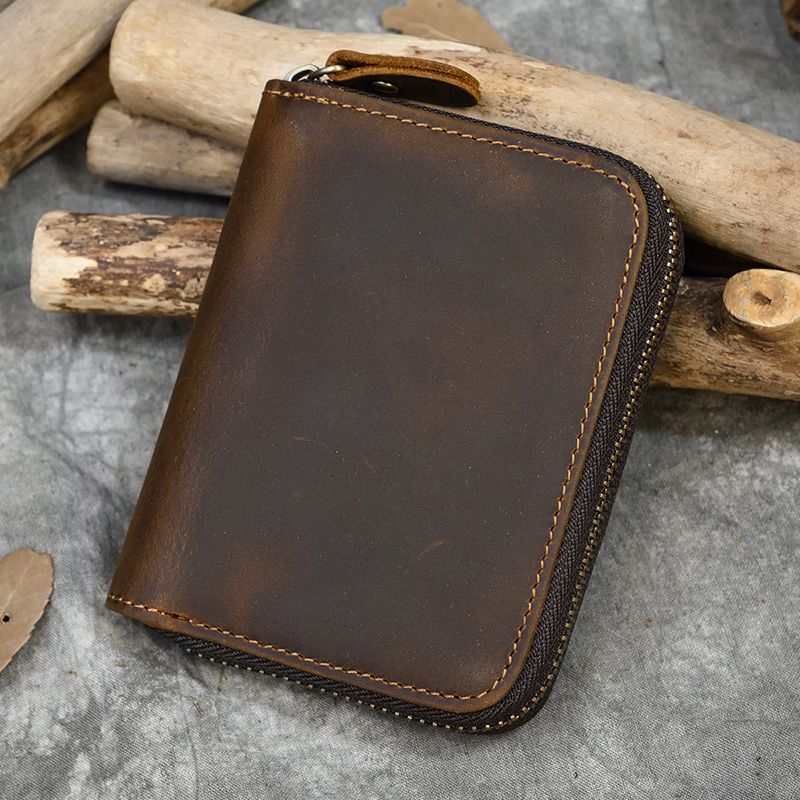 Crazy Horse Leather Coin Purse With Key Ring - Retro Zipper Wallet, Light Brown, Genuine Leather