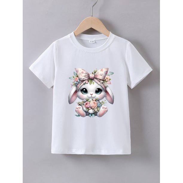Girls' Summer Short Sleeve T-Shirt with Cute Bunny Print, Round Neck, Cotton - Casual Knit Top, Youngsters