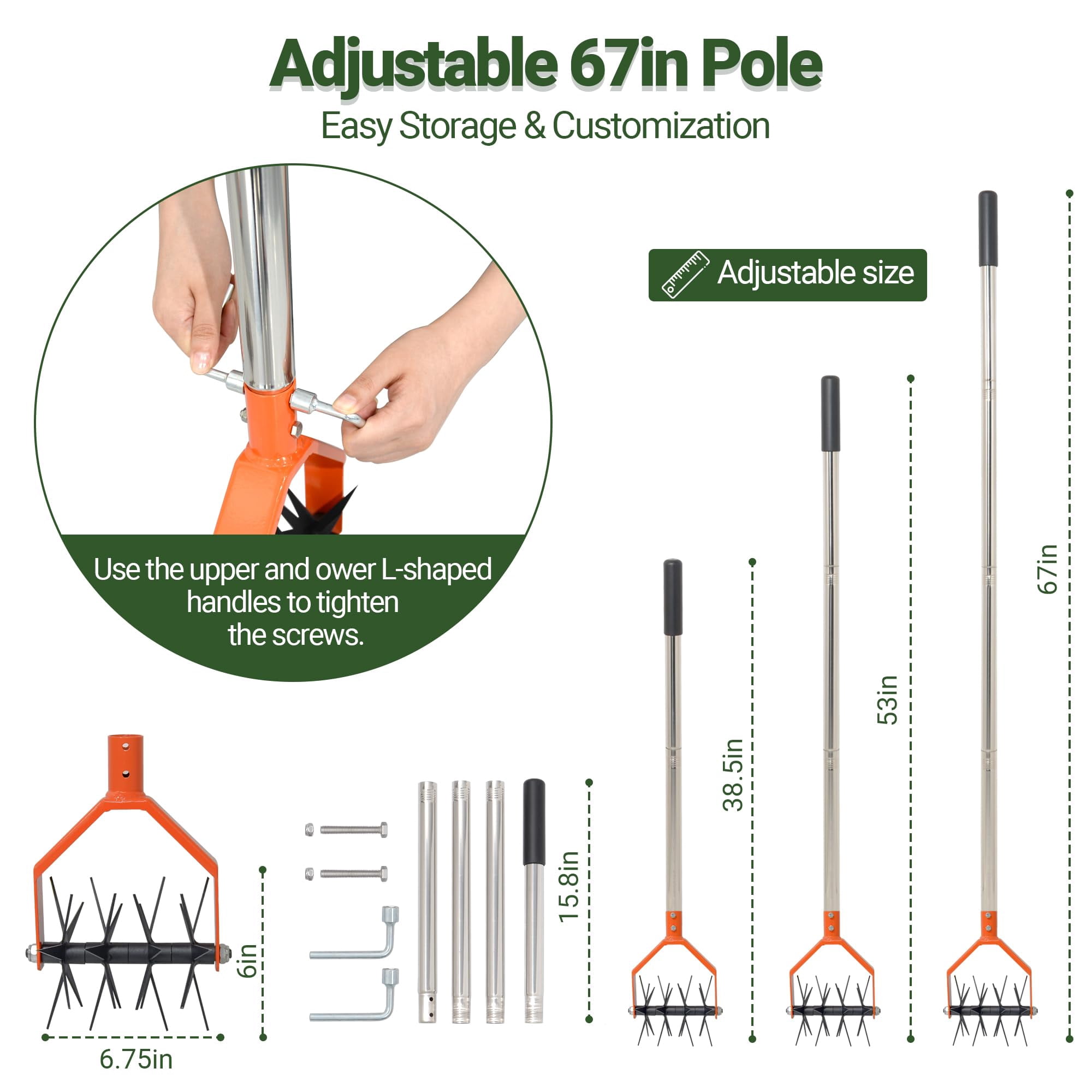 67-inch Garden Cultivator With Tempered Spring Steel Tines  Adjustable Stainless Handle Manual Rotary Design For Soil Loosening