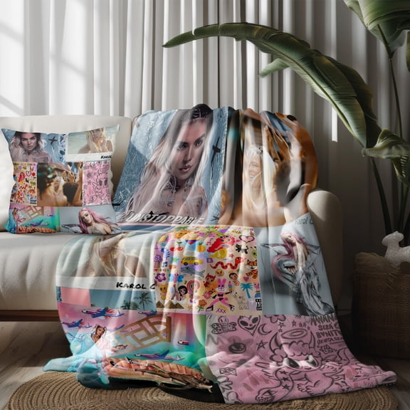 Throw Blanket and Pillowcase Set of 2，KAROL G Album Music Thin Bed Couch Decor Kids Adult Nap Micro Fleece Fuzzy Blankets Bedroom Car All Season Birthday Gifts